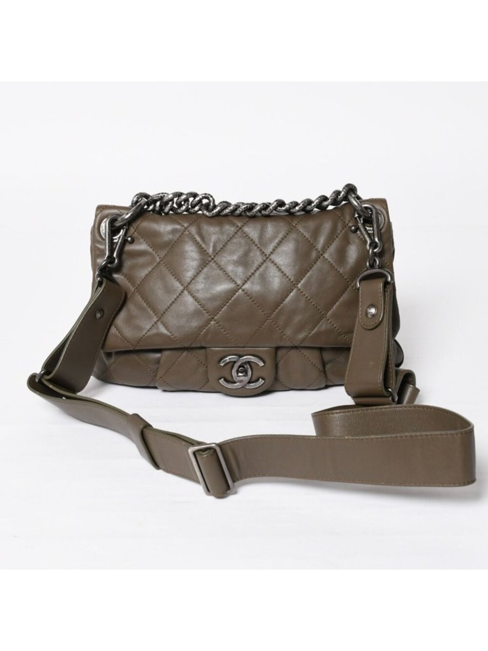 Chanel 2-Way Bag CC Logo Lambskin Quilted Olive Antique Silver